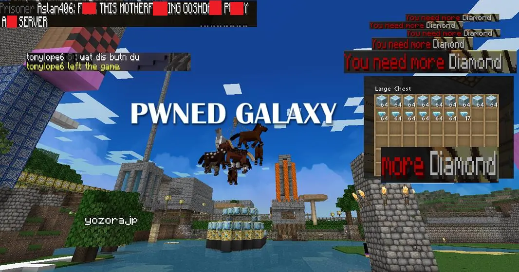 A collage from Classic: a stack of horses flying over a diamond-block fountain, old builds, and chat demanding more diamond.