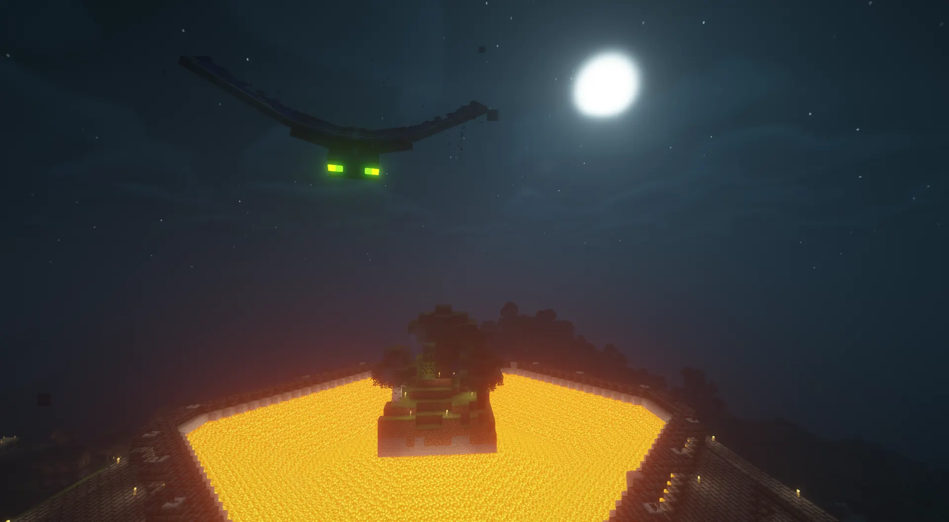 Night over a ring of lava around a small island tree, with a phantom overhead and a full moon.